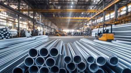 A wide shot of shiny silver steel pipes stacked in an industrial warehouse, with a forklift moving materials in the background.の素材