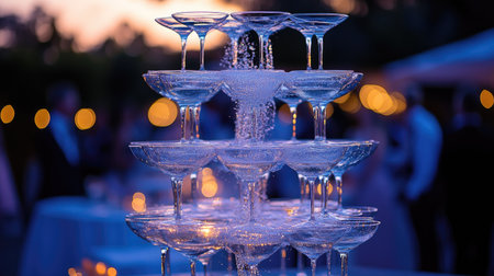 A tower of champagne glasses set up at a wedding reception, champagne flowing down in a mesmerizing cascade, with guests enjoying the celebration in the background.の素材