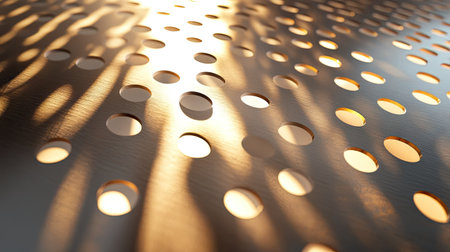A steel sheet with small round holes, with light shining through the perforations and casting interesting patterns on the surface.の素材