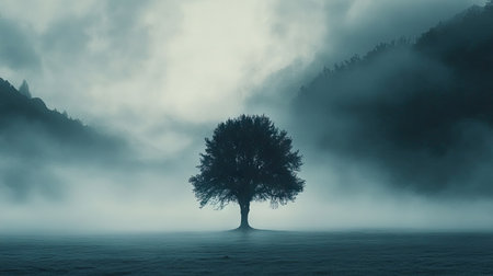 A solitary tree standing in the center of a field, surrounded by the early morning fog, creating an ethereal and tranquil atmosphere.の素材