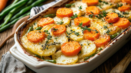 A rustic vegetable casserole with baked layers of potatoes, carrots, and green beans, ready to serve.の素材
