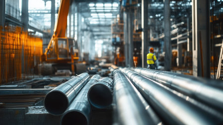A wide shot of a construction site with shiny silver steel pipes being arranged for installation, with a focus on the gleaming surfaces of the pipes.の素材