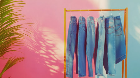 A neat clothing rack showcasing a variety of fashionable jeans, from skinny to bootcut, with a bright, light-colored background.の素材