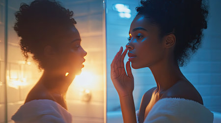 A woman in a bathroom, gazing at her reflection and softly pressing her fingertips to her glowing skin, appreciating her flawless complexion.の素材