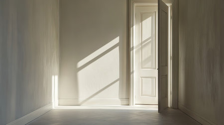 A ray of bright light shining through a door into an empty, minimalistic room, creating a peaceful atmosphere.の素材