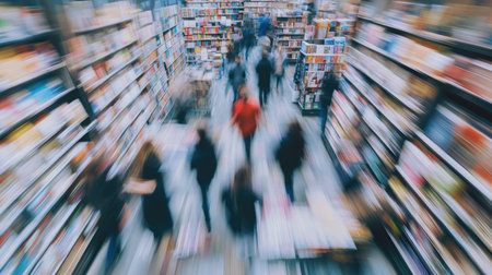 A motion-blurred image of people walking through a large bookstore, browsing books and exploring new titles.の素材