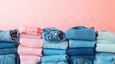 A row of fashionably folded jeans on a rack, with a light pastel-colored background highlighting their unique designs.の素材