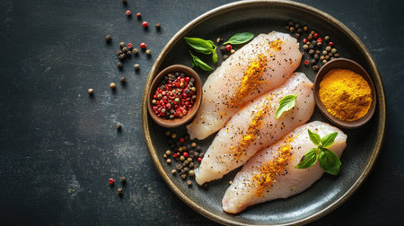 A raw chicken fillet on a plate with an assortment of colorful spices like turmeric, chili flakes, and oregano, prepared for cooking.の素材