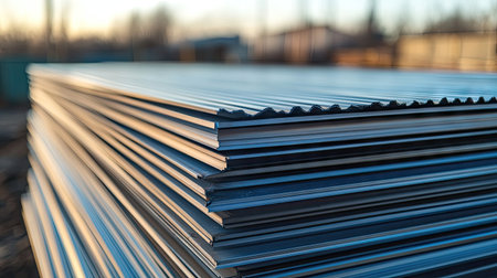 A stack of metal sheets arranged neatly on a construction site, ready for use in the exterior walls and roofing of a new industrial building.の素材