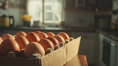 A row of farm-fresh eggs in a cardboard box, with a blurred kitchen scene in the background.の素材