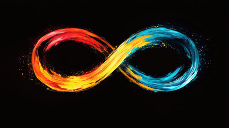 A vibrant, colorful infinity symbol created with flowing paint or light trails, set against a black backdrop, symbolizing endless creativity and freedom.の素材