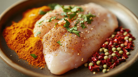 A raw chicken fillet on a plate with an assortment of colorful spices like turmeric, chili flakes, and oregano, prepared for cooking.の素材