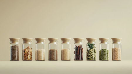 A selection of glass jars containing fragrant spices like oregano, garlic powder, and nutmeg, isolated on a plain background.の素材