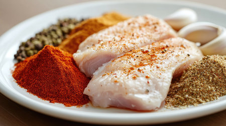 A raw chicken fillet placed on a white plate, surrounded by a variety of spices like paprika, cumin, and garlic powder, ready for seasoning.の素材