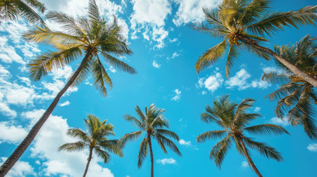 A scenic view of multiple coconut trees standing tall against a vibrant blue sky on a sunny day.の素材