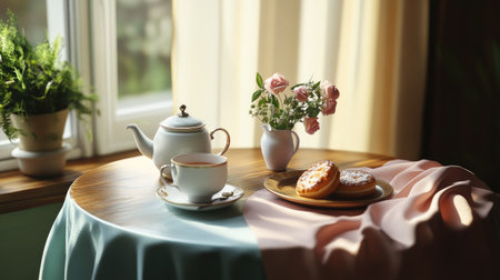 A peaceful tea time setting with a soft pastel tablecloth, a tea set, and fresh pastries on a round wooden table.の素材