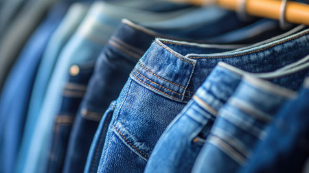 A selection of fashionable blue jeans neatly displayed on a rack, with soft, subtle lighting and a light background to highlight the details.の素材