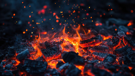 A pile of embers slowly burning, as red and orange sparks rise into the dark night sky.の素材