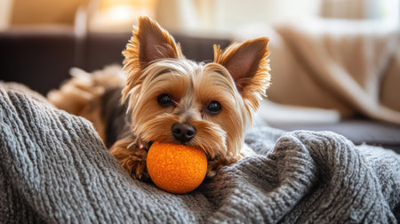 A small dog holding a ball in its mouth, lying on the couch with a playful expression. The living room setting is warm and cozy.の素材