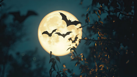 A night scene showing bats flying high in the sky, silhouetted by the bright full moon in the background.の素材