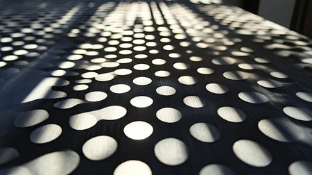 A steel sheet with small circular holes, with light passing through the perforations and casting intricate shadows across the surface.の素材