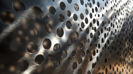 A steel sheet with small round holes, with light shining through the perforations and casting interesting patterns on the surface.の素材