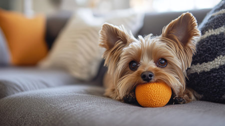 A small dog holding a ball in its mouth, lying on the couch with a playful expression. The living room setting is warm and cozy.の素材