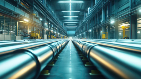 A warehouse filled with shiny silver steel pipes, stacked in neat rows and ready to be shipped to manufacturing plants for industrial use.の素材