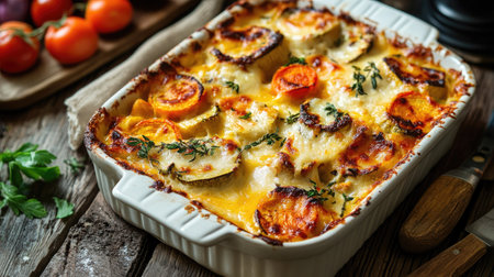 A rich and satisfying vegetable casserole dish with layers of roasted vegetables and melted cheese, freshly baked and ready to serve.の素材