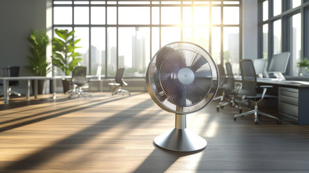 A well-designed metal fan in a sleek modern office, providing a cool breeze as sunlight pours through the office windows.の素材