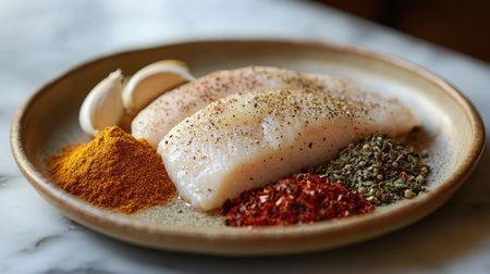 A raw chicken fillet on a plate, surrounded by a variety of spices like chili powder, garlic, and oregano, adding color and flavor.の素材