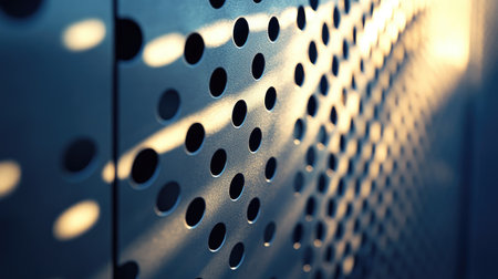 A steel sheet with small round holes, with light shining through the perforations and casting interesting patterns on the surface.の素材