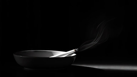 A cigarette delicately balanced on the edge of an ashtray, softly glowing in the dark.の素材