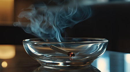 A classic glass ashtray with a half-burnt cigarette, smoke creating an atmospheric effect.の素材