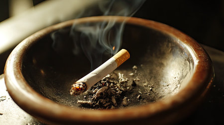 A cigarette smoldering in an ashtray, the faint glow of the tip casting a subtle light.の素材