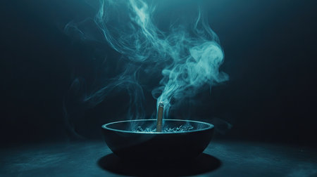 A cigarette in an ashtray with wisps of smoke illuminated by a single light source.の素材