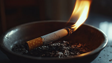 A close-up of a cigarette slowly burning in an ashtray, embers glowing in the dim light.の素材