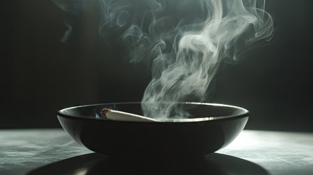 A cigarette with a trail of rising smoke in an ashtray, illuminated by soft, moody lighting.の素材