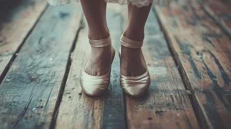 A close-up of a dancer's feet in satin pointe shoes, en pointe on a rustic wooden floor.の素材