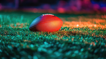 A close-up of an American football lying on lush green turf, illuminated against a dark backdrop.の素材