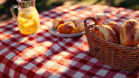 A close-up of a red checkered picnic tablecloth with a basket of fresh bread and a pitcher of cold lemonade.の素材