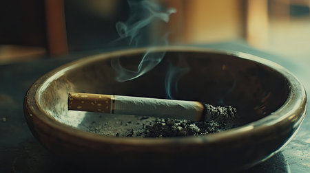A cigarette with a curled ash end resting in an ashtray, captured in low-key lighting.の素材
