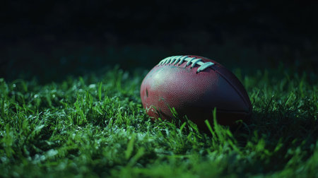 A close-up of an American football lying on lush green turf, illuminated against a dark backdrop.の素材
