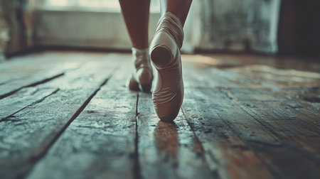 A close-up of a dancer's feet in satin pointe shoes, en pointe on a rustic wooden floor.の素材
