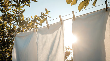 A clothesline with white clothing hanging under a clear sky, sunlight filtering through the fabric, creating a tranquil and fresh outdoor sceneの素材