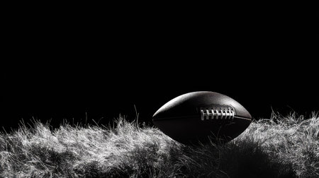 A dramatic low-angle shot of an American football resting on grass, spotlighted against blackness.の素材