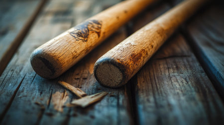 A close-up of a broken wooden baseball bat, split into two pieces, lying on a rustic wooden surface with soft natural lightingの素材