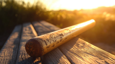 A cracked wooden baseball bat resting on a wooden bench, with the sun setting in the background casting a warm glowの素材