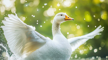 A close-up of a white goose as it flaps its wings, with water droplets flying in all directions and a soft backdrop of green trees and skyの素材