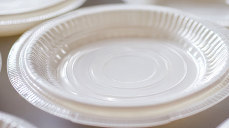 A close-up of a single white plastic disposable plate with a slight sheen, perfect for casual dining.の素材